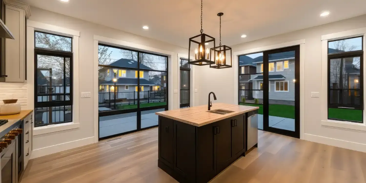 Modern kitchen with dark island and large windows overlooking a backyard.