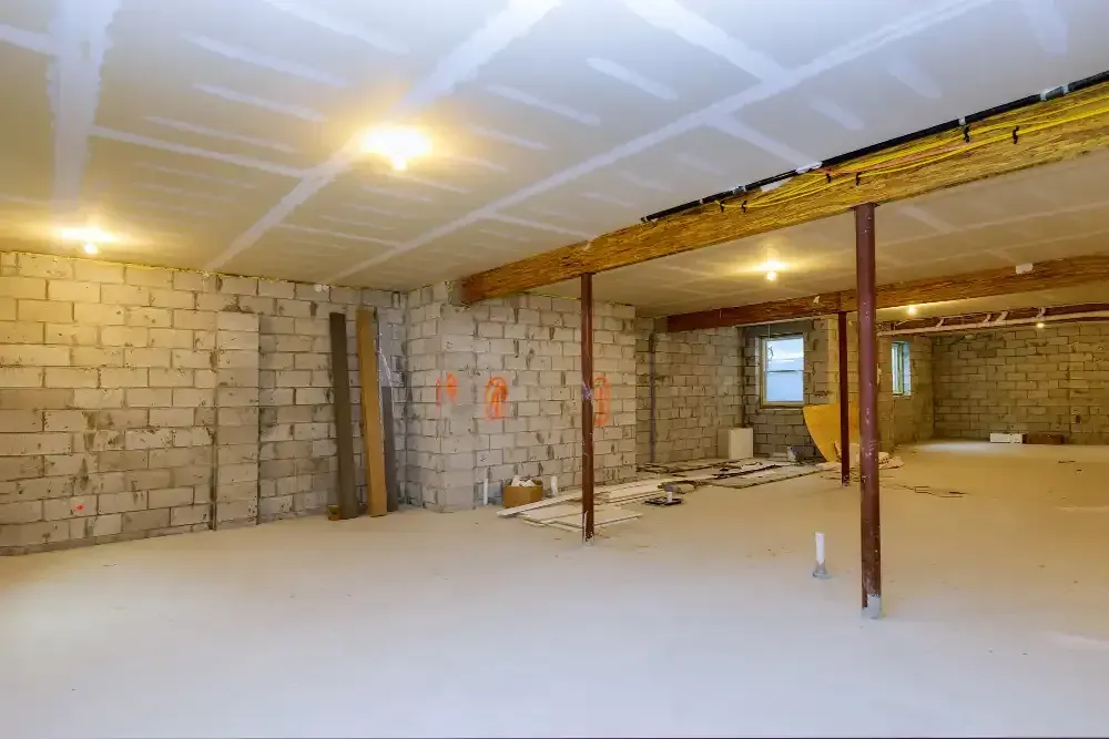 Basement under construction, with block walls, support beams, and drywall ceiling.