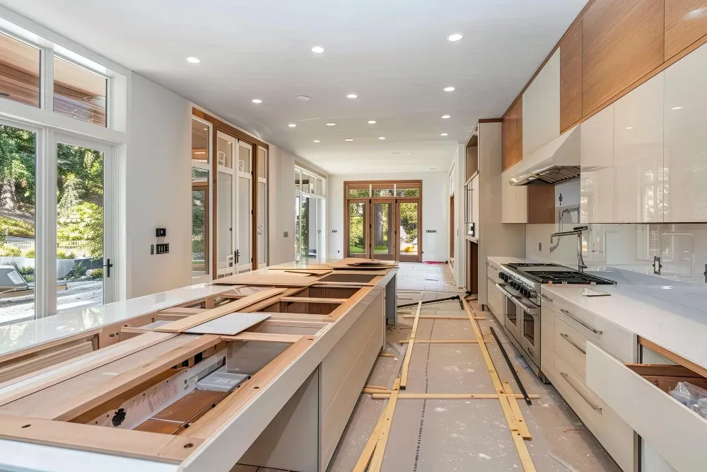 Long kitchen under renovation with unfinished islands, white cabinets, and wood flooring in progress