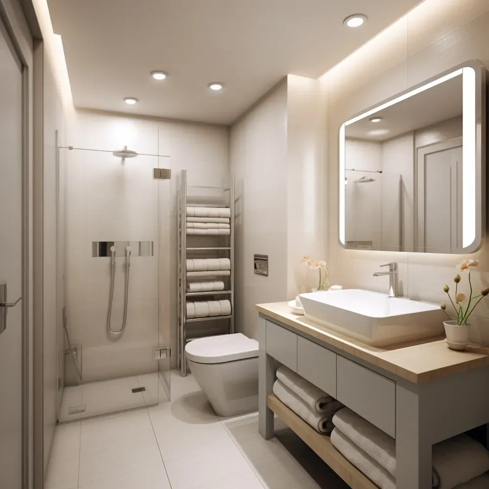 Modern beige bathroom with glass shower, toilet, vanity sink, towel rack, and backlit mirror