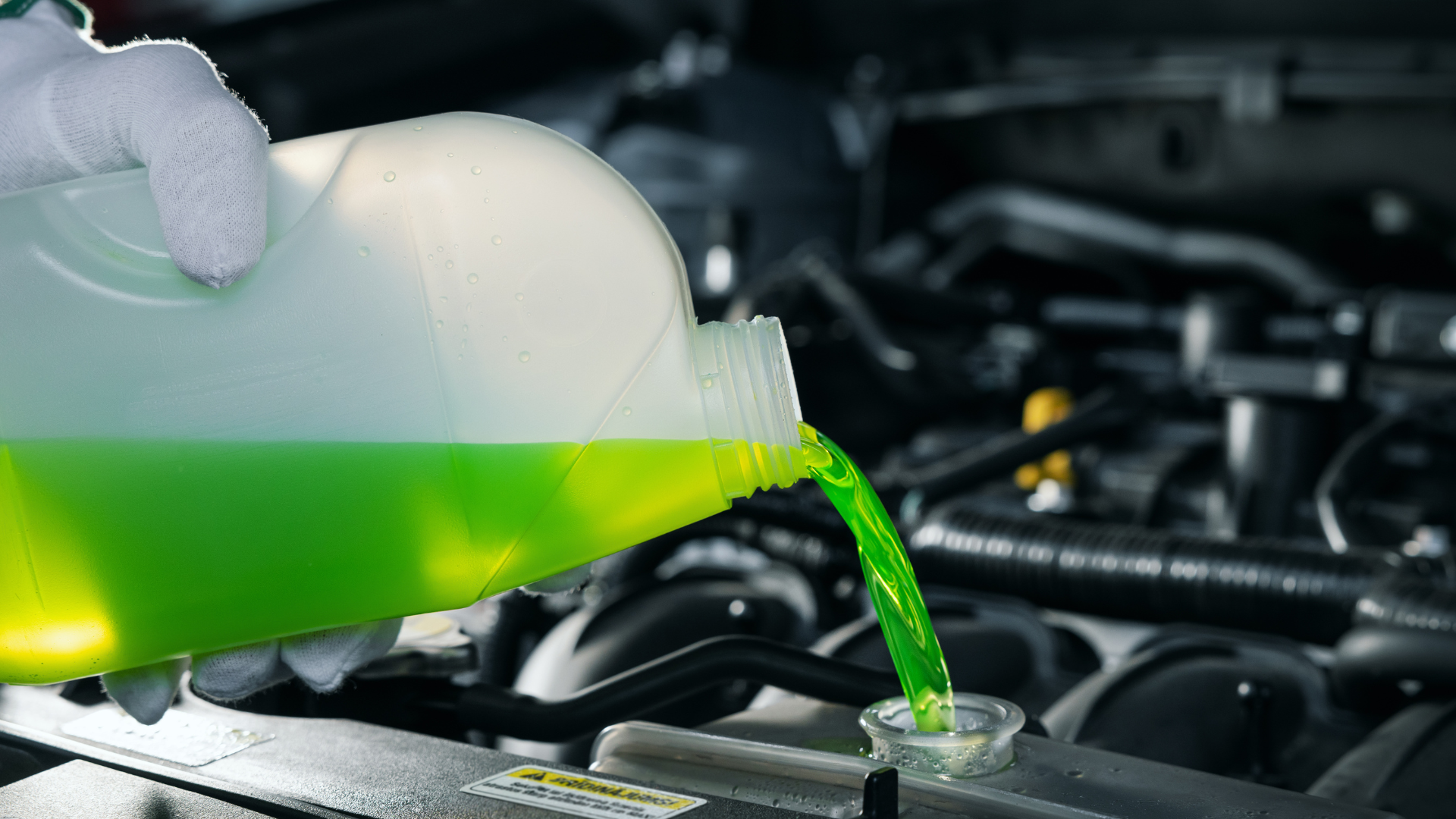A person is pouring green coolant into a car radiator.