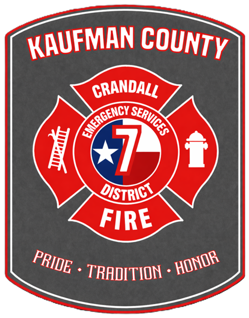 Emblem for Kaufman County Emergency Services District 7 Fire, featuring a Maltese cross, Texas flag, and text.
