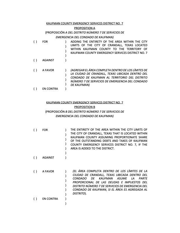 Text document: Ballot propositions A and B for Hays County Emergency Services District No. 2.