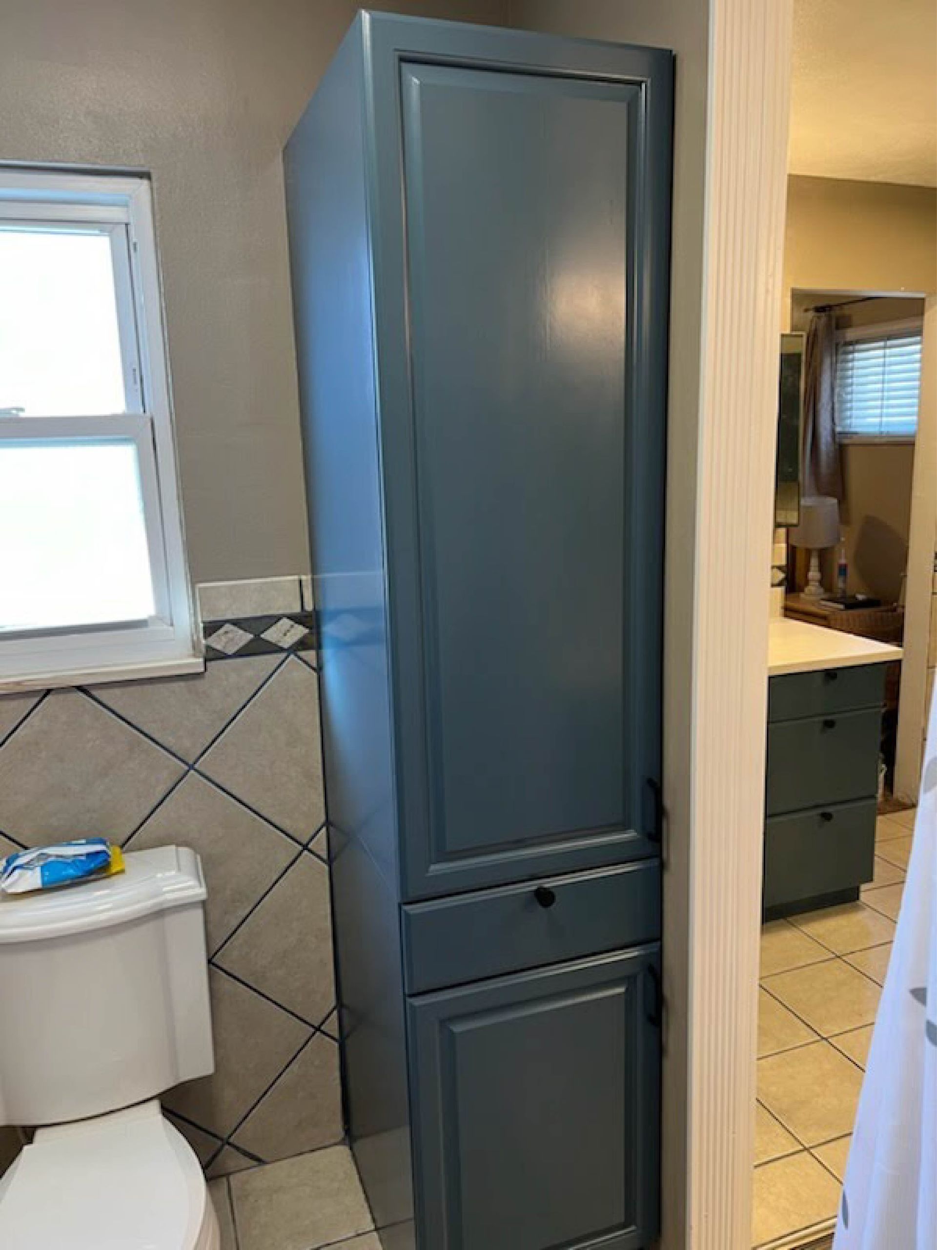 Tall, blue storage cabinet in a bathroom.  Toilet, window, and doorway to a vanity are also visible.