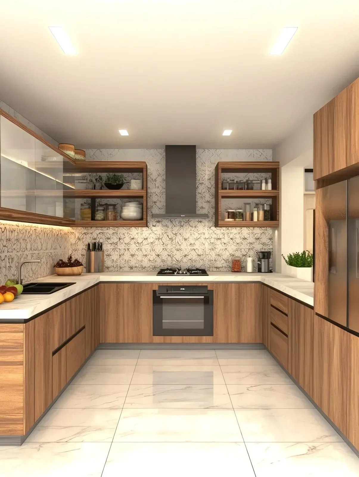 U-shaped modern kitchen with wooden cabinets, white countertops, and marble tile backsplash.