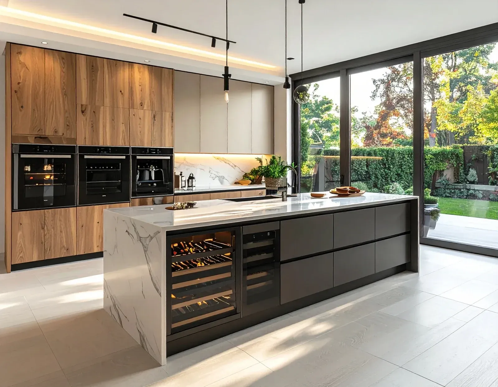 Modern kitchen with wood and gray cabinets, island with wine fridge, large windows overlooking a backyard.