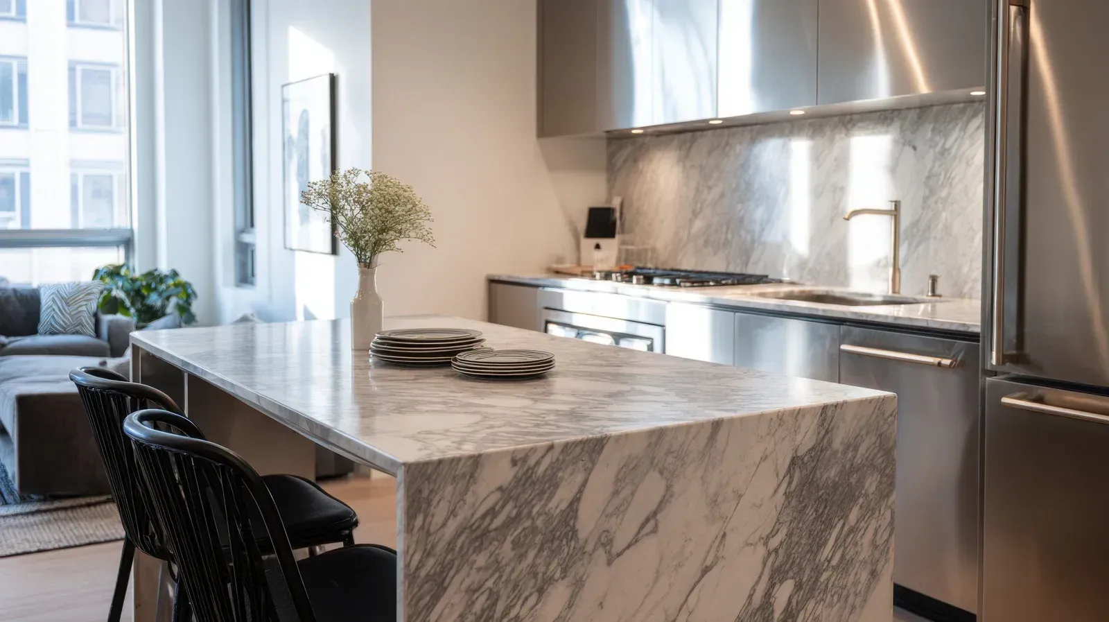 Modern kitchen with marble island, stainless steel appliances, and large window.