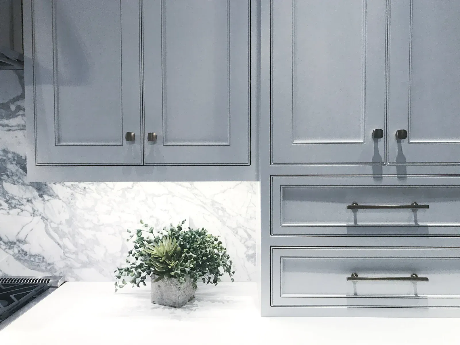 Light blue kitchen cabinets with marble backsplash and plant on countertop.