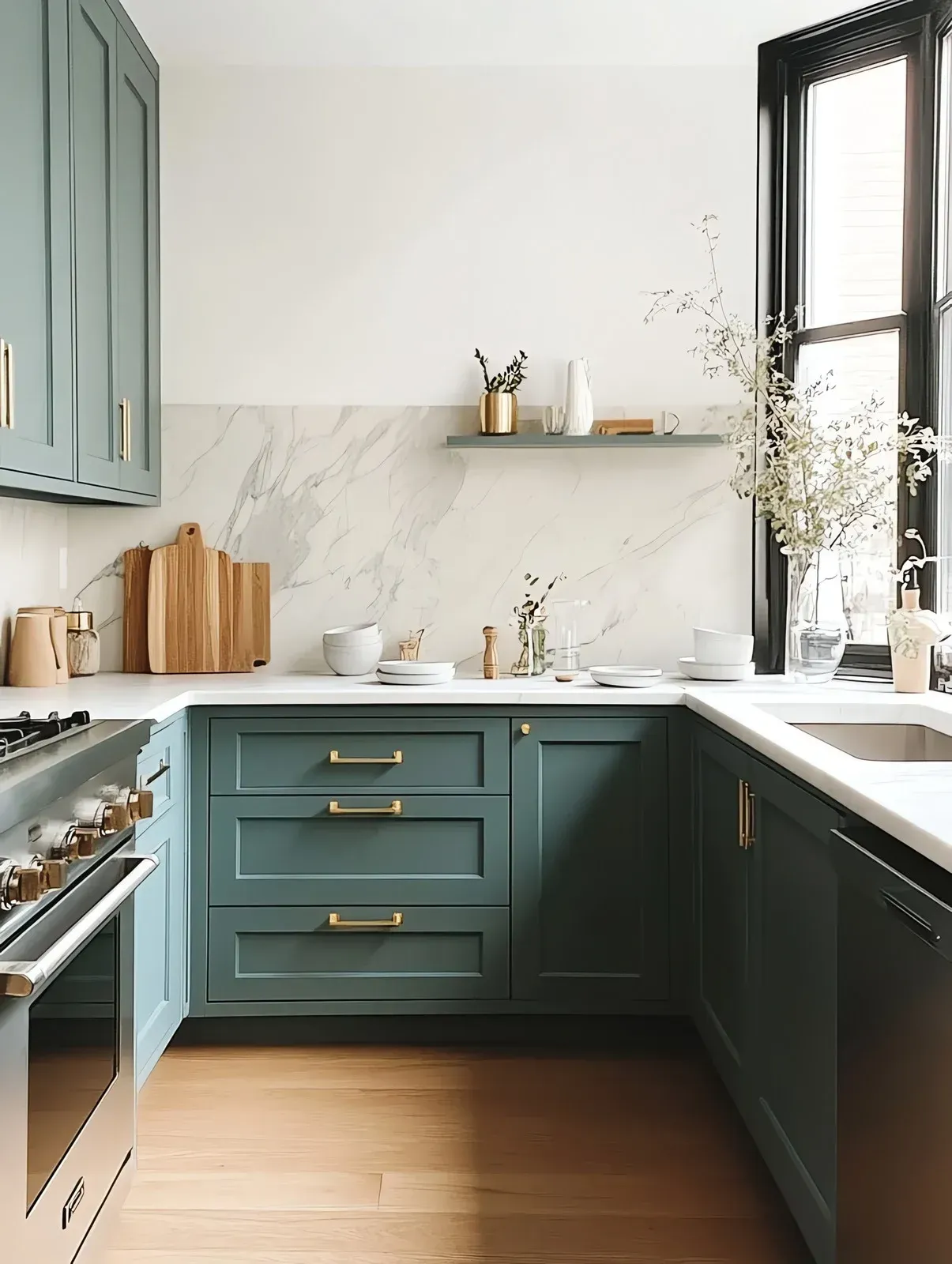 Blue-green kitchen with white countertops and marble backsplash. Stainless steel appliances and gold hardware.