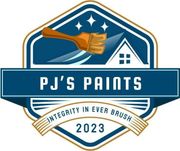 The logo for pj 's paints shows a house and a brush