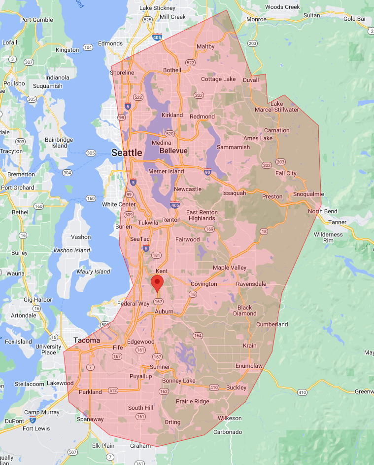 A map of seattle with a red circle around the city.