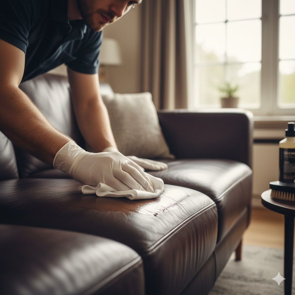Person wearing gloves wiping leather couch in living room.