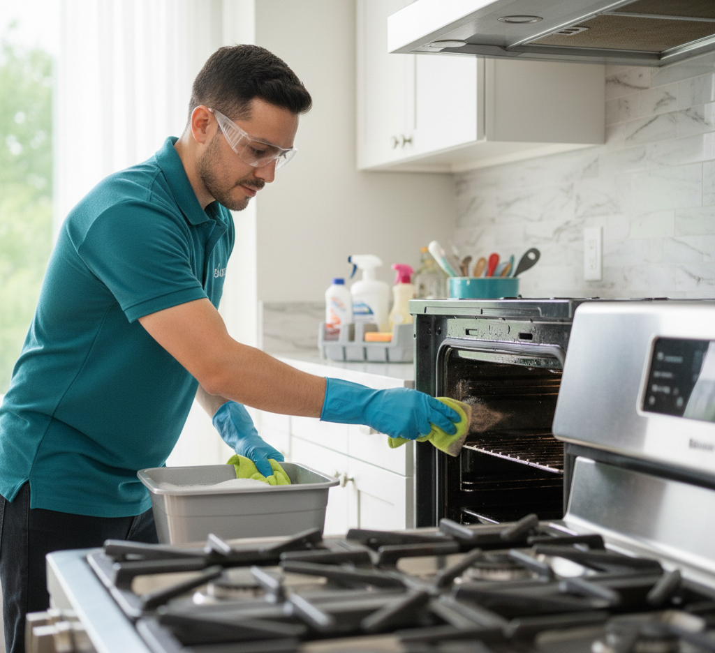 Person in teal shirt and gloves cleans oven with sponge in kitchen.