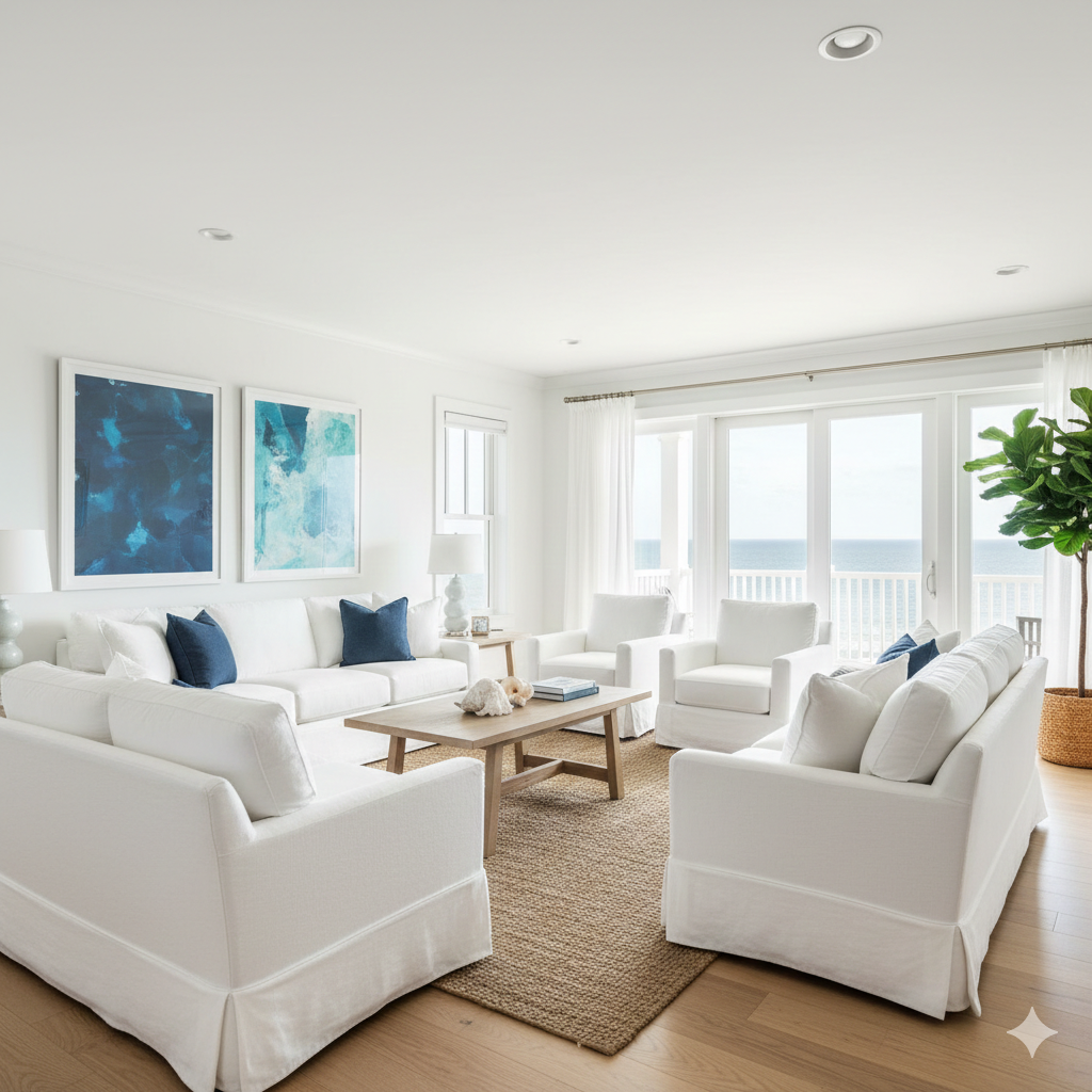Coastal-themed living room with white sofas, blue artwork, and ocean view.