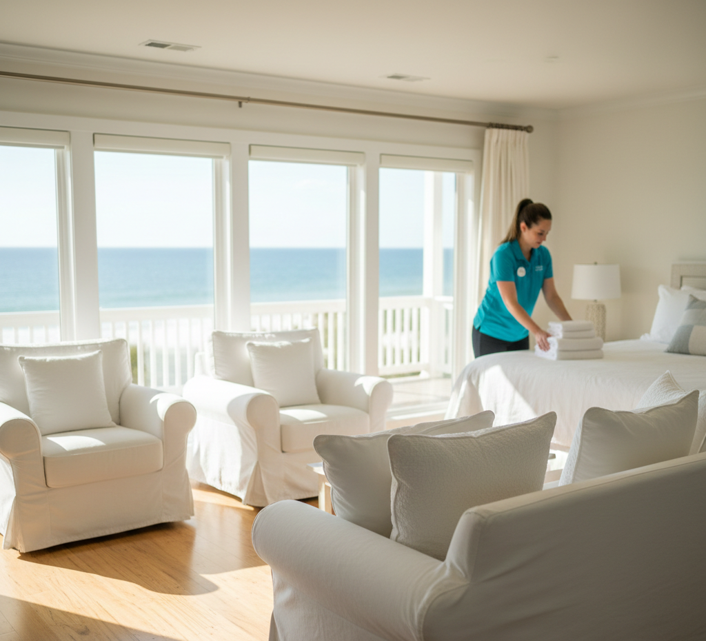 Woman in blue shirt making bed in a bright room with ocean view and white furniture.