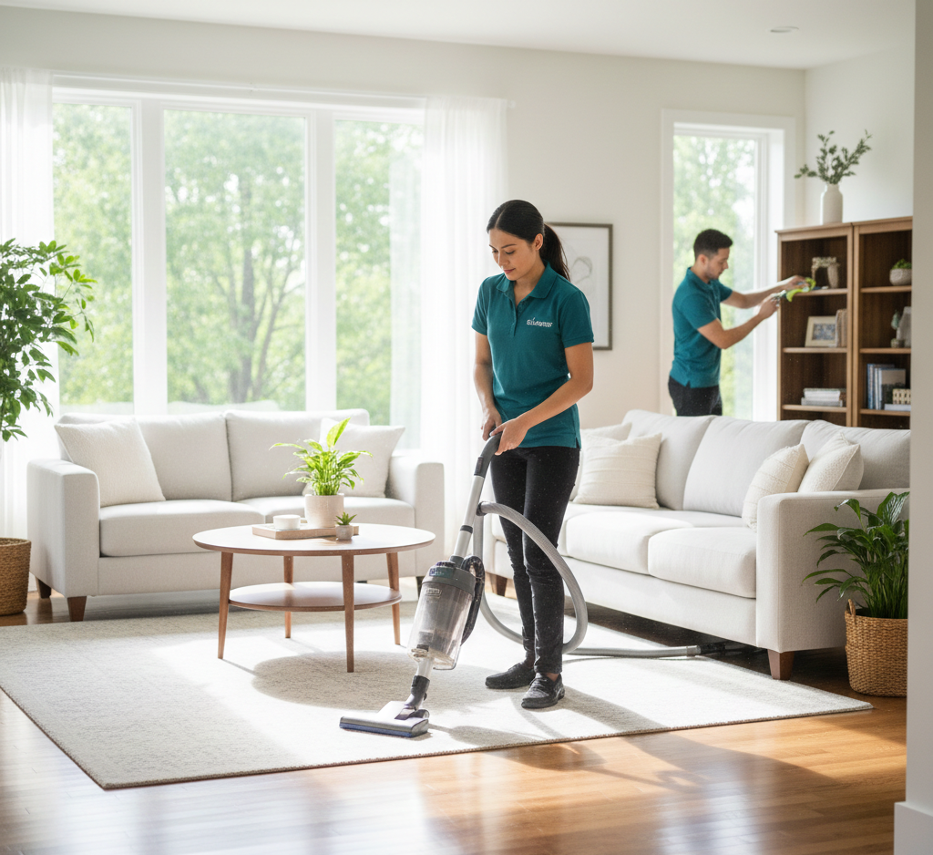 Two people cleaning a living room. One vacuums the carpet, the other dusts shelves, near windows and couches.