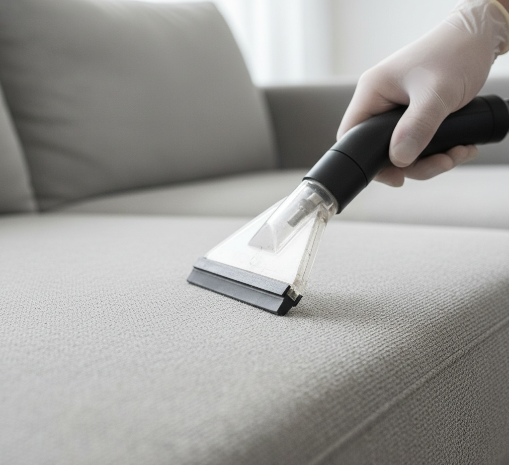 Person in gloves using a cleaning vacuum on a gray sofa.