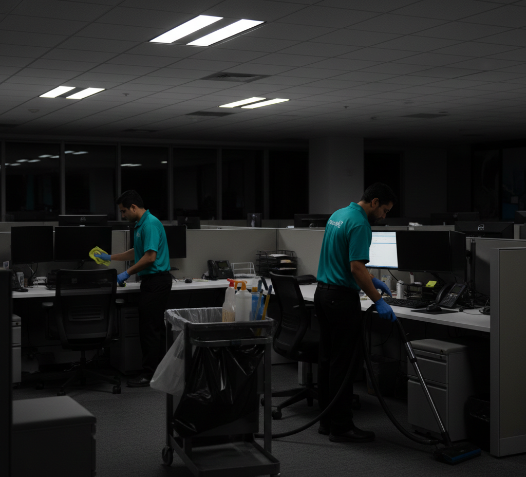 Two people cleaning an office at night. One dusts a desk, the other vacuums. Fluorescent lights illuminate the room.