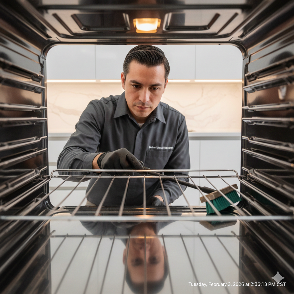 A person wearing a gray shirt cleans an oven with a brush; reflected in the oven's glass.