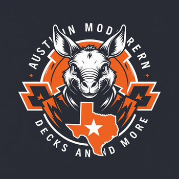 Logo for Austin Modern Decks and More: Jackalope with Texas outline, orange and white on a dark background.