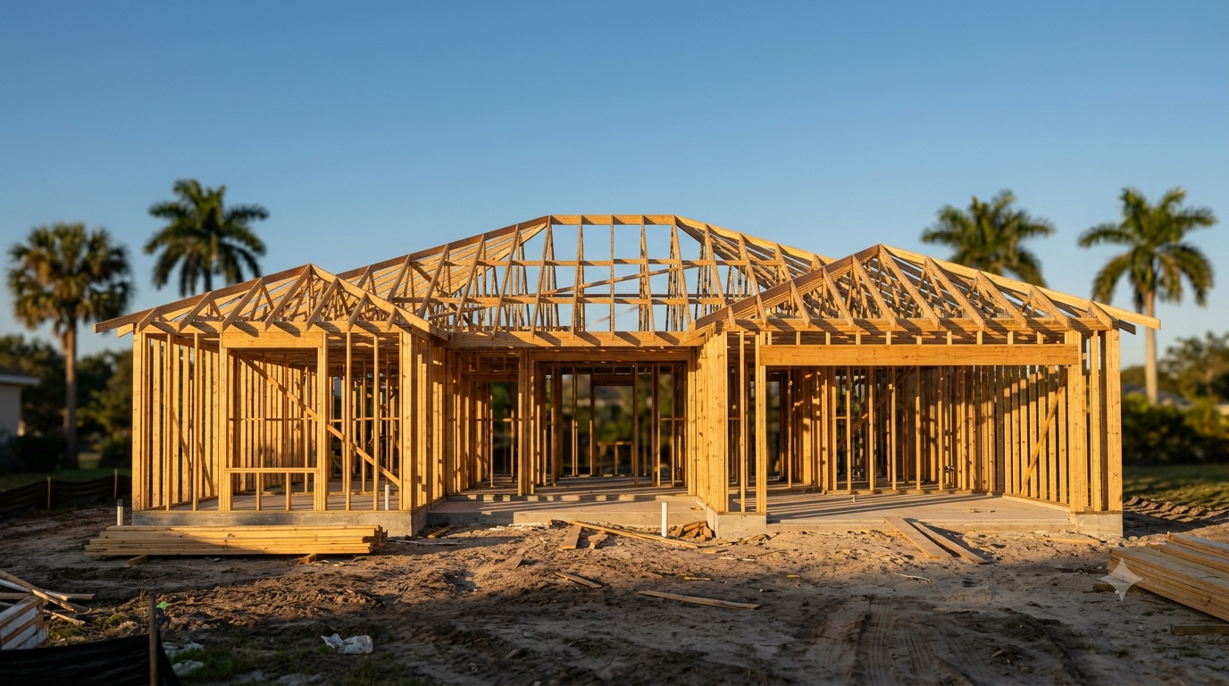 Wooden house frame under construction at sunset, with palm trees in the background