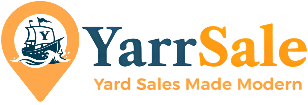 Orange map pin with scroll and red X. Yard Sales made simple