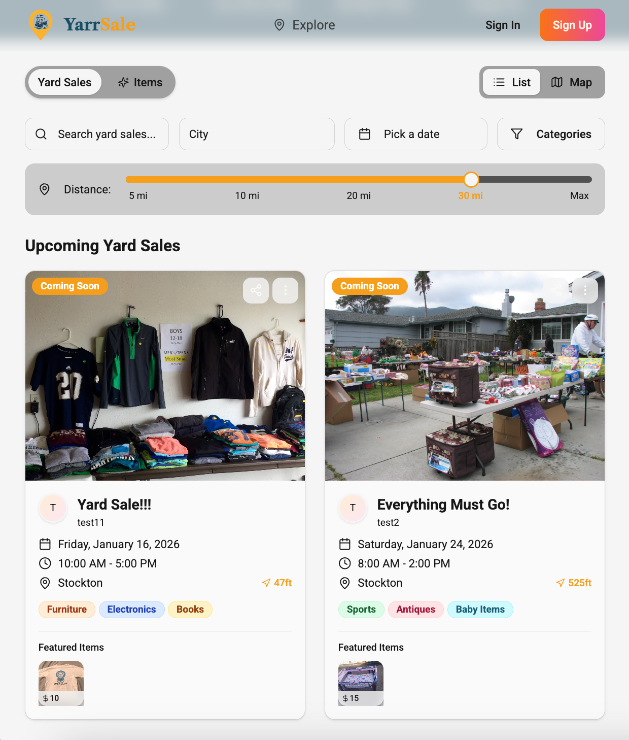 Website interface for yard sale listings with search filters, including two upcoming yard sales.