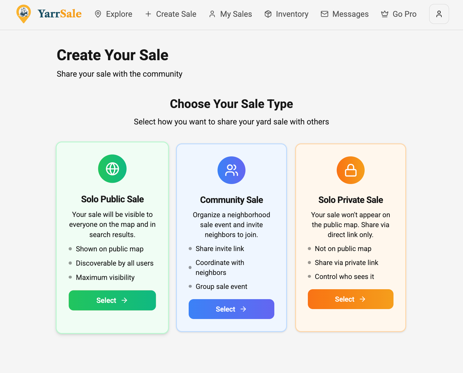 Yardsale website: "Create Your Sale" with options: Public, Community, Private sales.