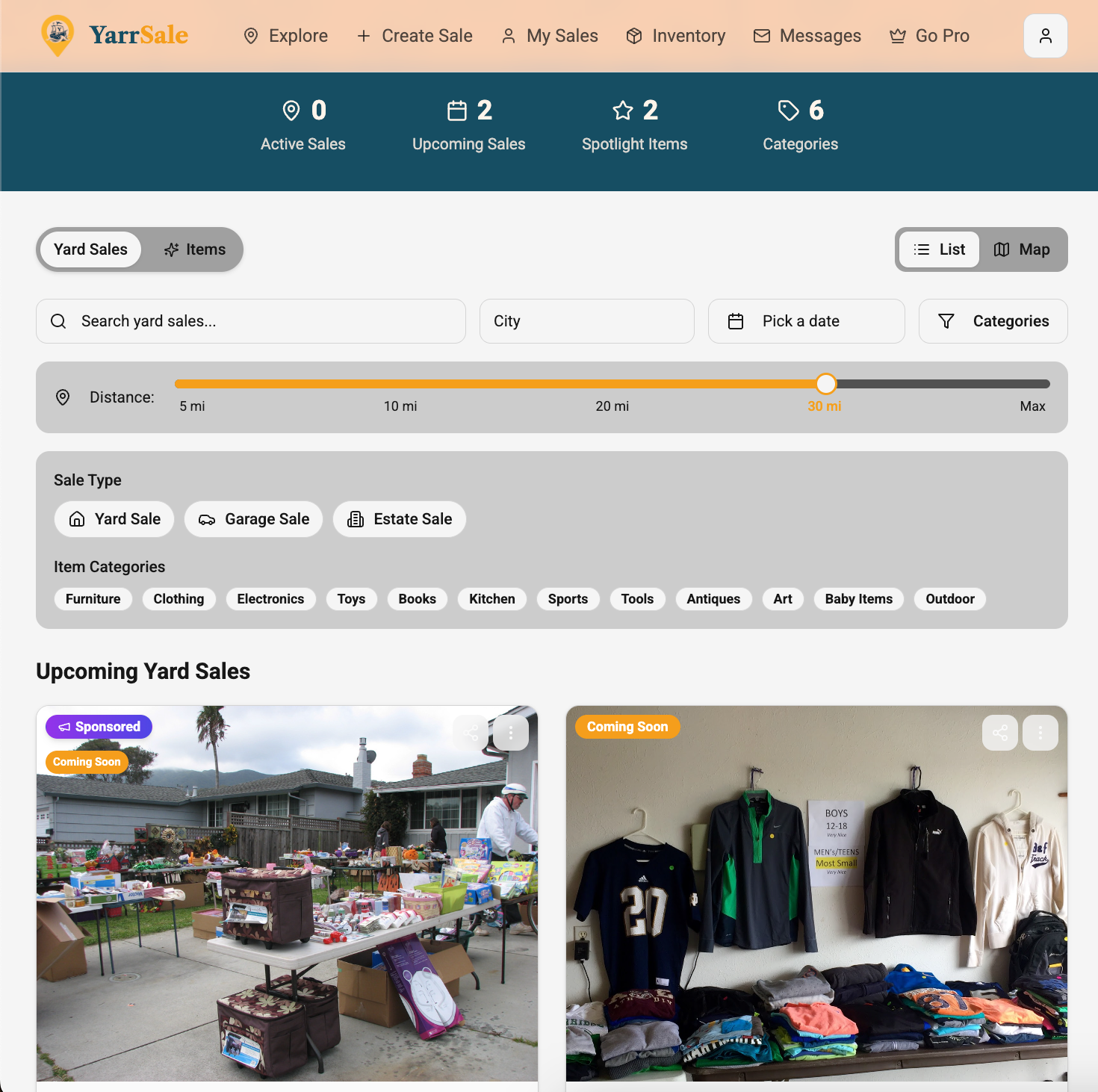 YardSale website interface showing yard sale search with filter options and upcoming sales.