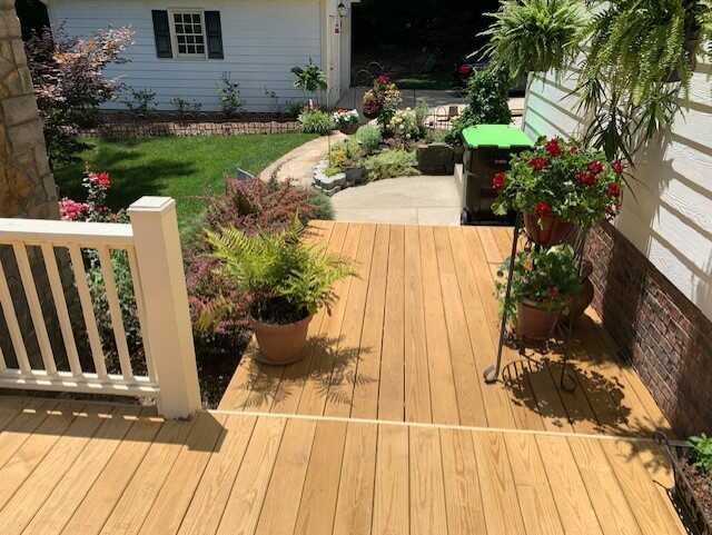 A wooden deck with a white railing and potted plants.