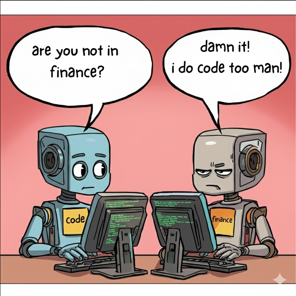 Two robots at computers. One says, 
