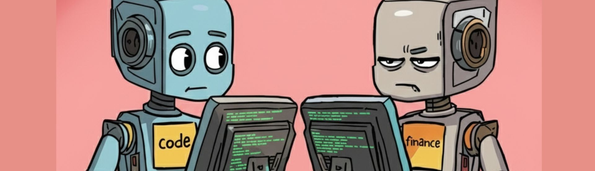 Two robots at computers. One says, 