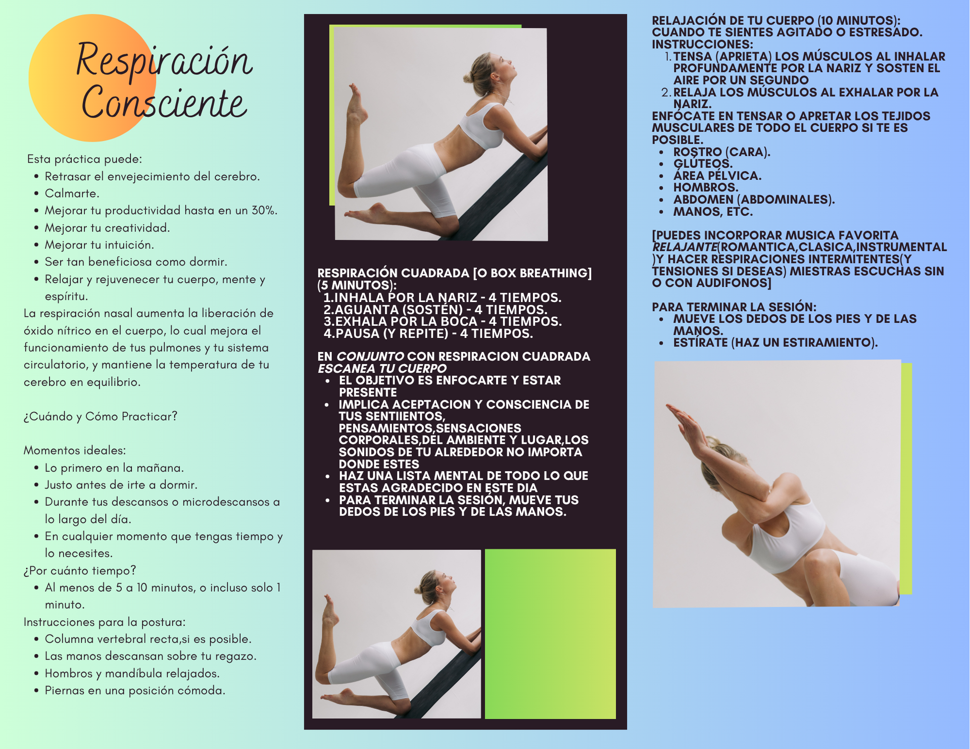 Infographic about Conscious Breathing, with a woman demonstrating exercises and text in Spanish.