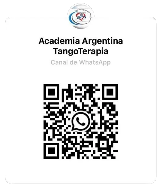 Código QR para el canal de WhatsApp de Academia Argentina TangoTerapia. Incluye logo, texto e ícono de WhatsApp.