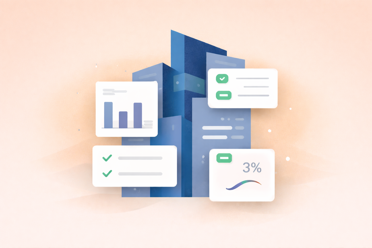 Buildings with attached charts and lists, showing data and progress, set against a peach background.