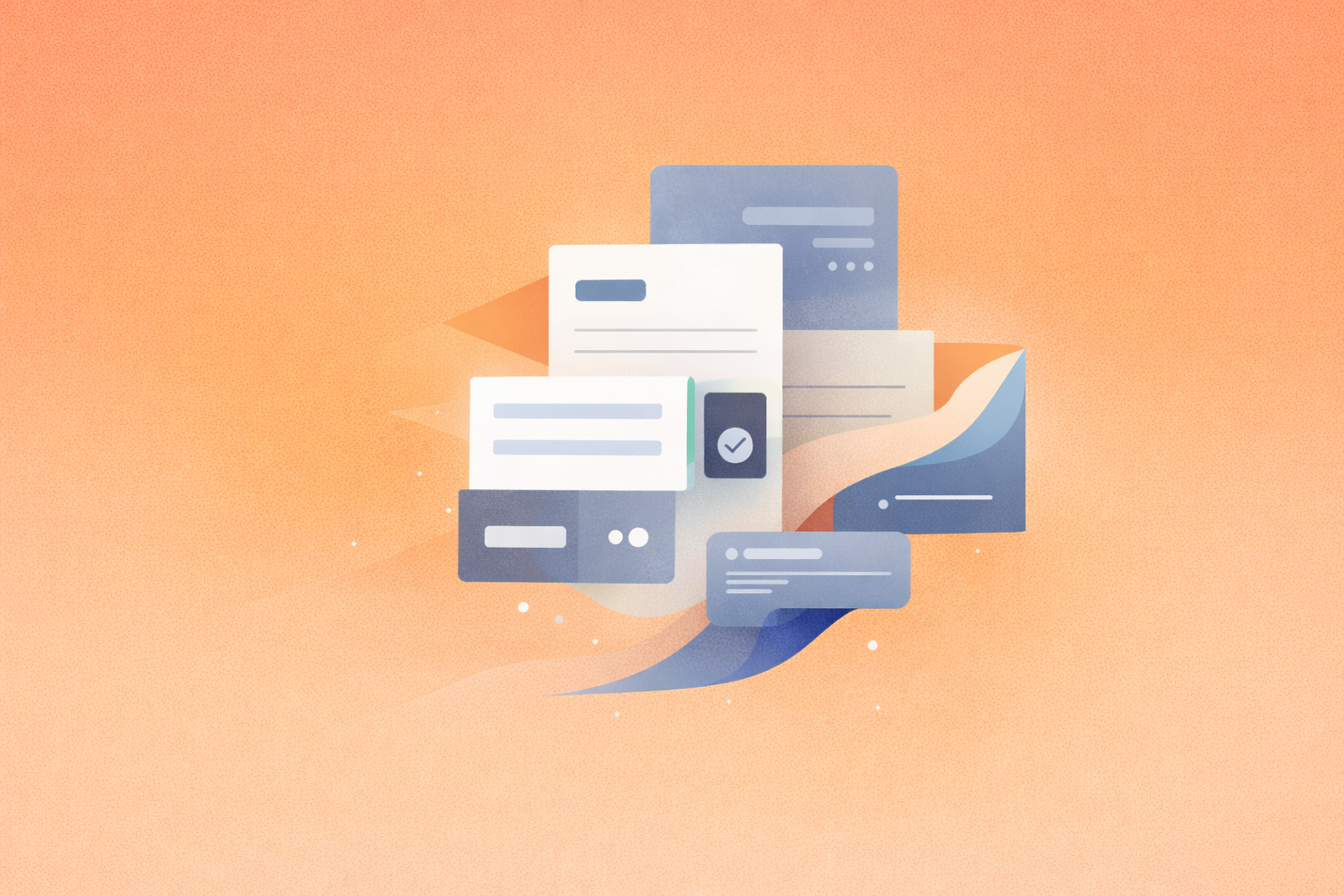 Abstract illustration of documents and mobile phone, blue and white on orange background.