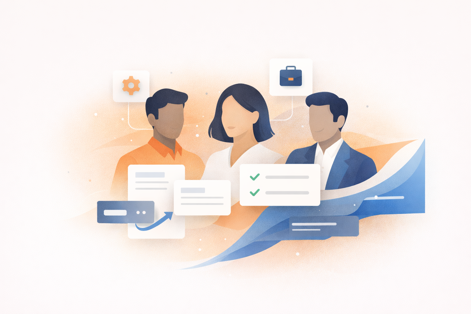 Three people collaborating with documents and icons, in shades of orange and blue.