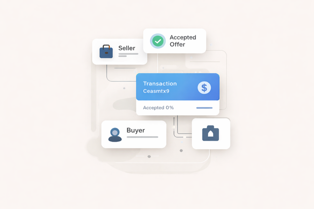Diagram of a transaction process with Seller, Buyer, offer acceptance, and payment stage in light colors.