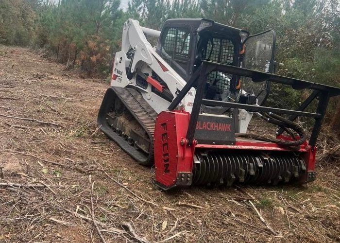 A bulldozer is cutting down trees in a forest.