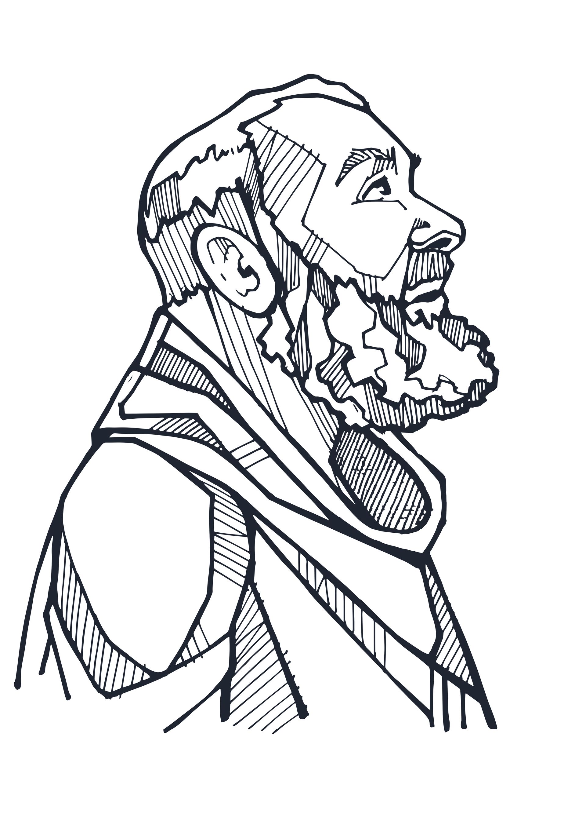 A black and white drawing of Padre Pio with a beard looking up.