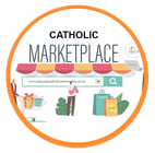 A catholic marketplace logo with a man looking at his phone