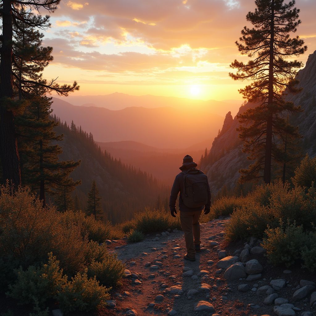 Hiker on a rocky path, walking towards a sunset over a mountain valley, trees on either side.