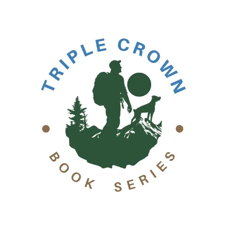 Hiker with backpack and dog walking, holding a walking stick.