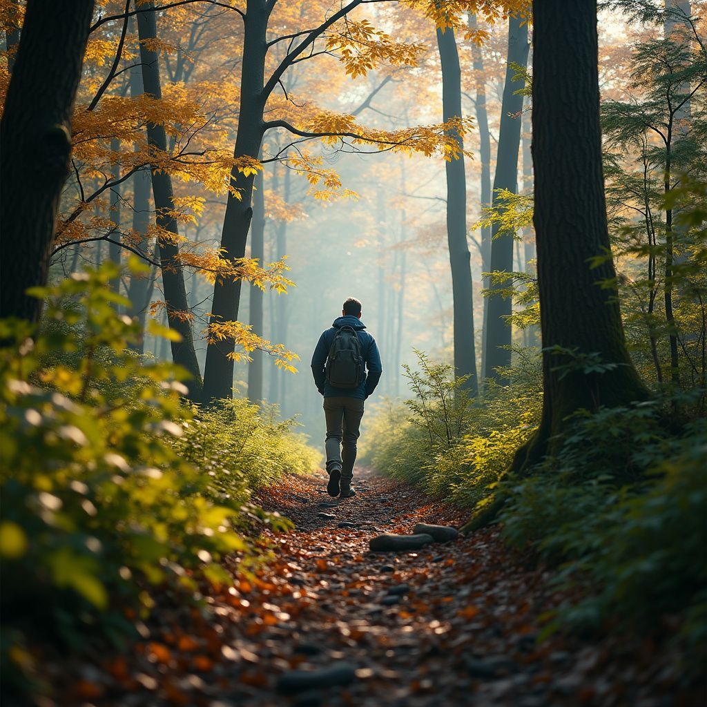 Person walking on a path through a sunlit autumn forest.