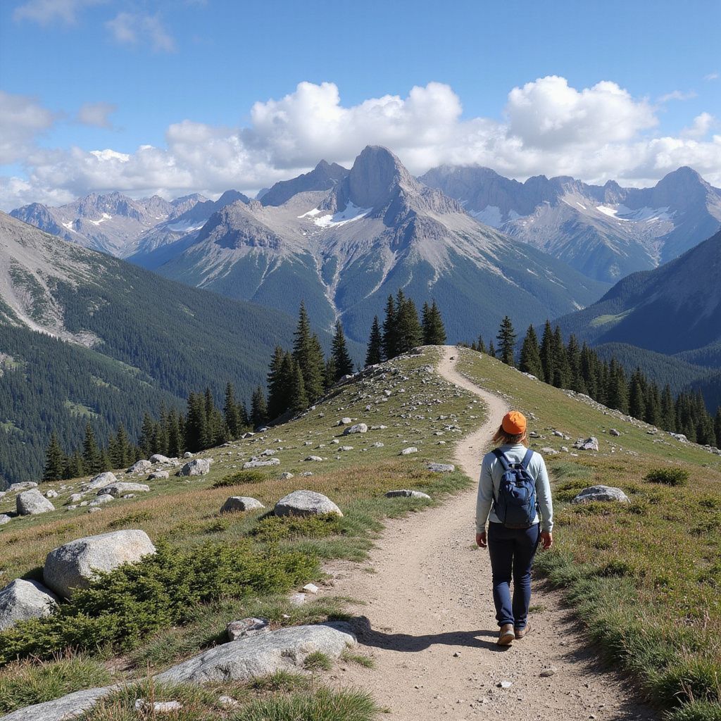 Person hikes along a mountain trail, overlooking a valley and distant peaks under a blue sky.