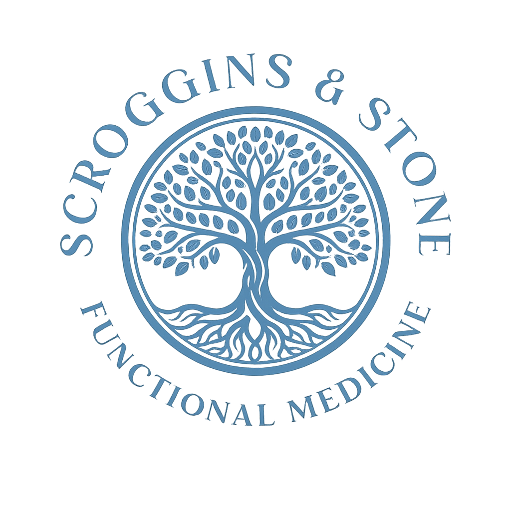 Logo for Scroggins & Stone Functional Medicine: tree of life in a blue circle, with text.