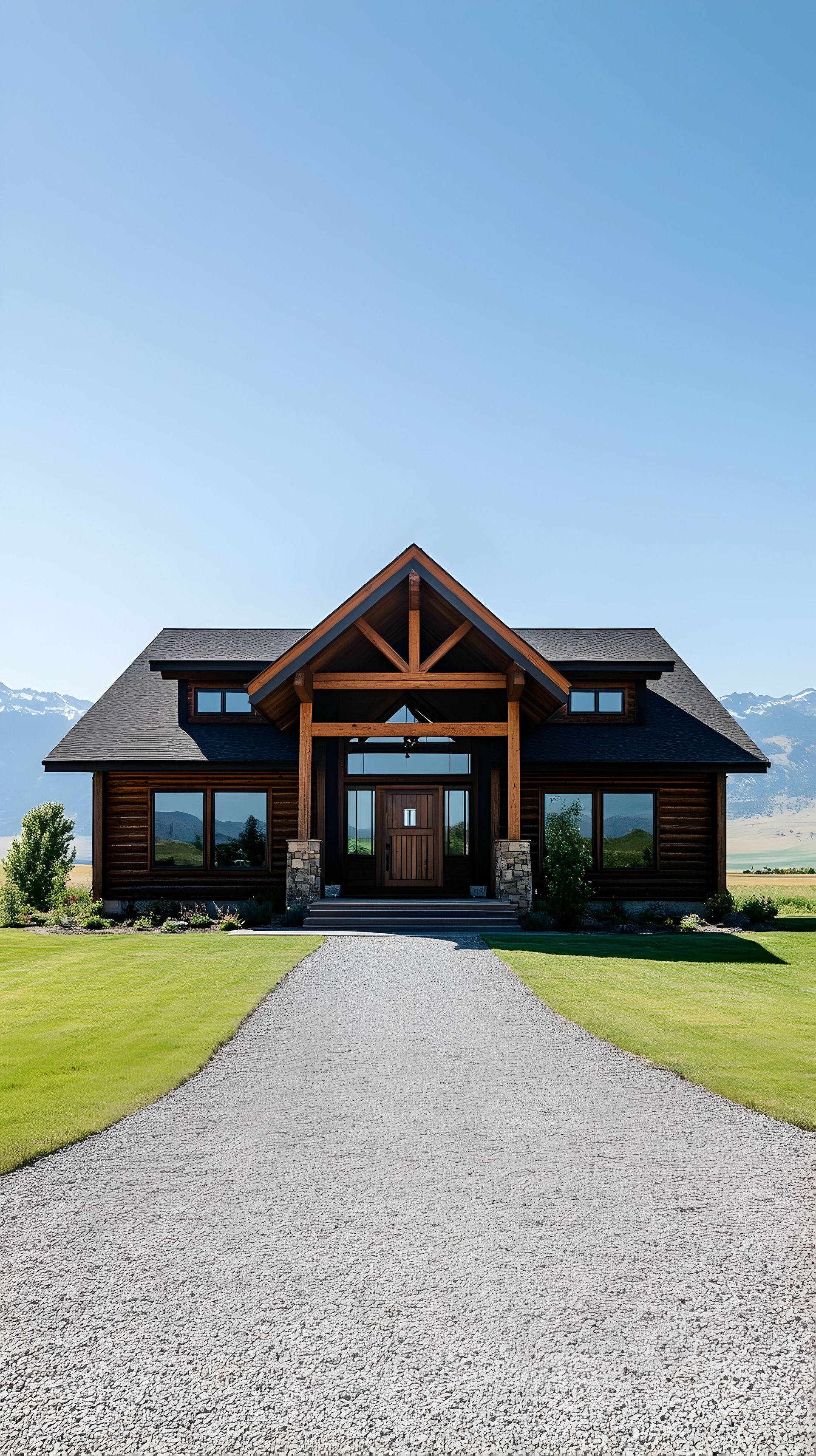 A large wooden house with a gravel driveway leading to it.