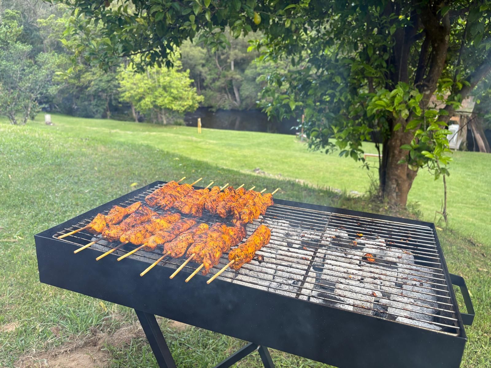 Kebabs grilling on a charcoal grill outdoors in a grassy area near trees and a waterway. — The Habibiz Catering In Wingham, NSW