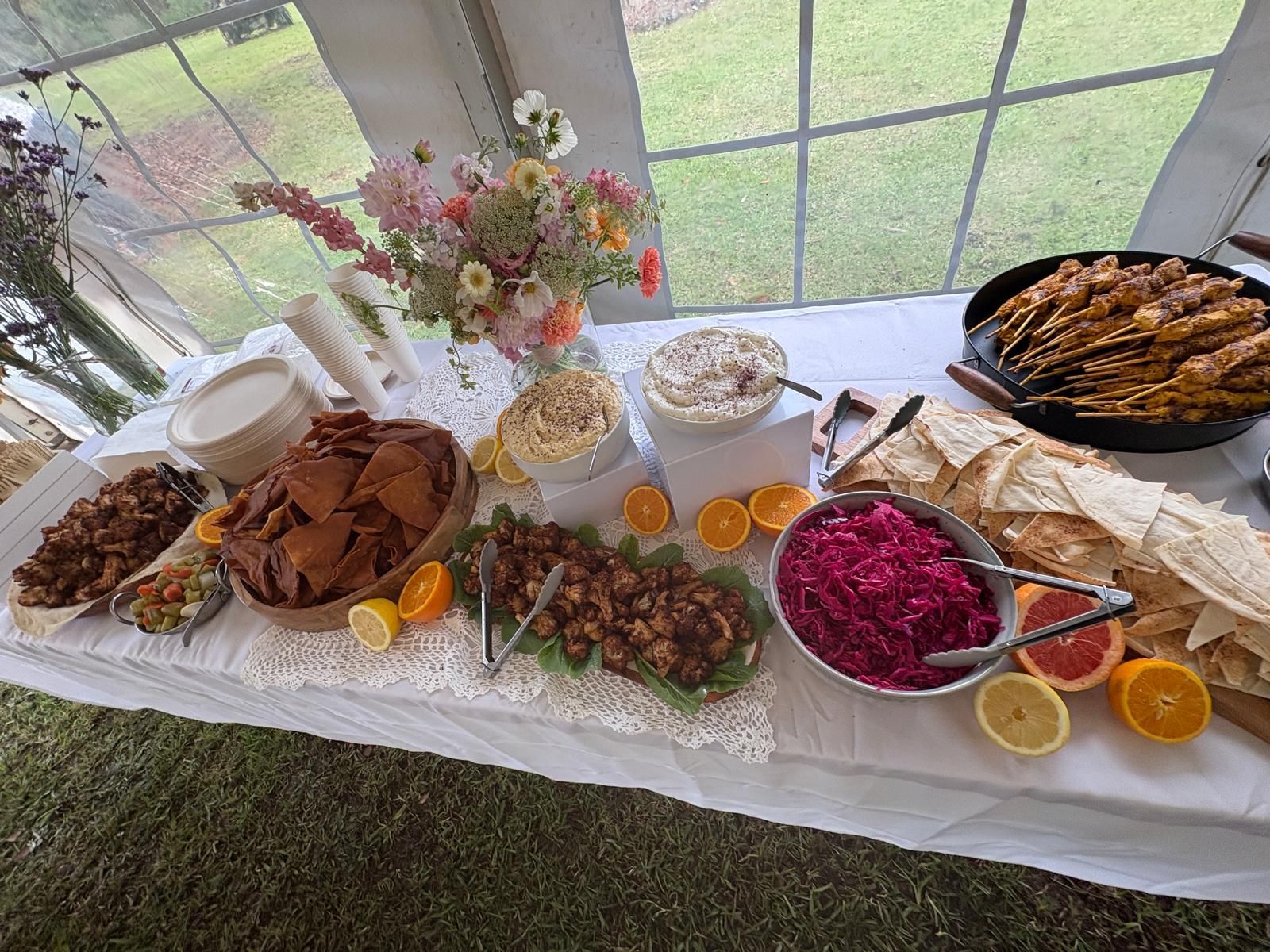 Food buffet on a table outdoors, featuring hummus, pita, skewers, salads, and fruits. — The Habibiz Catering In Wingham, NSW
