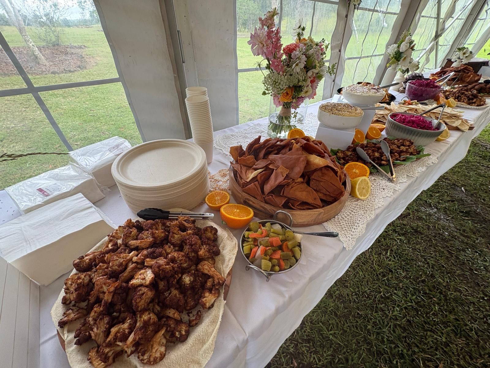 Buffet table with various foods: fried items, bread, olives, fruits, dips, and flowers. — The Habibiz Catering In Wingham, NSW